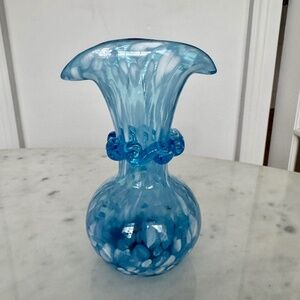 Blue and White Splatter Swirl Art Glass Vase